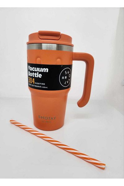 Shotay ST-8169 Model 680ml Orange Handle Mug - Use Thermos Cup with Straw and No Straw