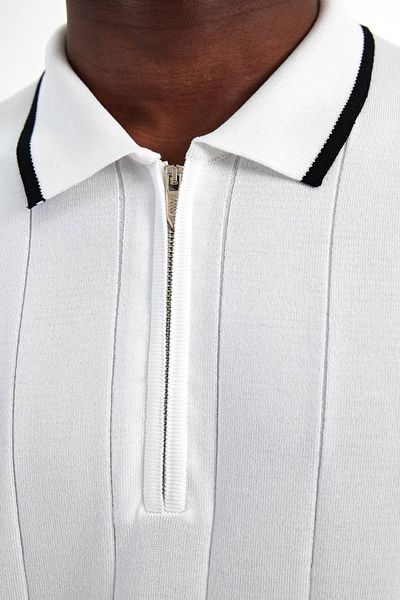 MADZEYMODA Λευκό ανδρικό πλεκτό μπλουζάκι Polo Neck - Μισό φερμουάρ