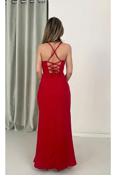 MİSSCİXFASHİON Corset-Shaped Back Low-Cut Deep Slit Thin Strap Midi Red Dress