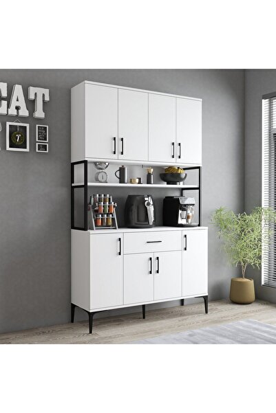 Tanmob MDL0401 Alt Üst Çok Amaçlı Dolap 8 Kapaklı Çekmeceli Raflı Mutfak Dolabı Beyaz