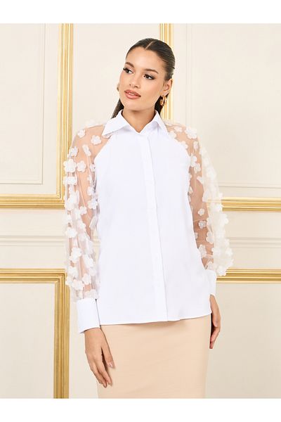 Styli Floral Applique Mesh Sleeves Regular Fit Shirt