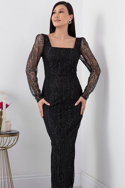 PULLIMM Rochie de seară argintie cu mânecă lungă cu decolteu pătrat 39860