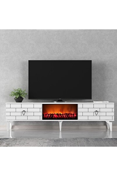 zerkaconcept Volcanos Şömineli Tv Sehpası Tv Ünitesi Beyaz