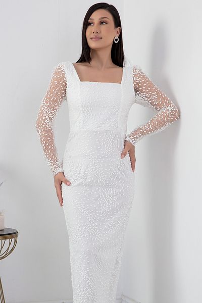 PULLIMM Rochie de seară cu mânecă lungă, guler pătrat, argintiu - 39860