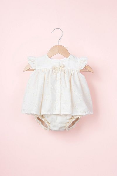Banamio Cleo Brode Blouse and Shorts Set - Button, Bow and Scallop Detail