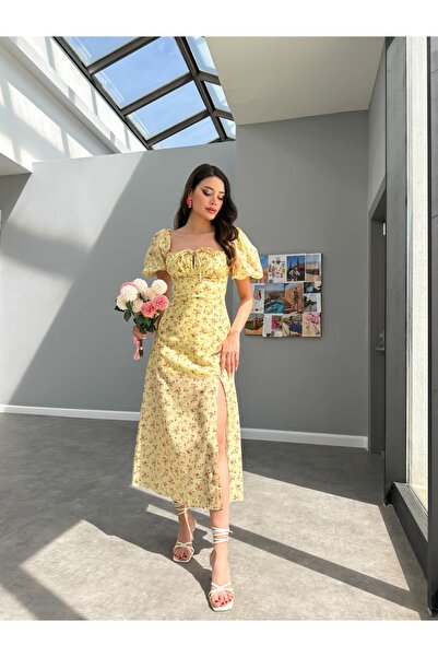 ESRAHELVACI Balloon Sleeve Floral Yellow Dress