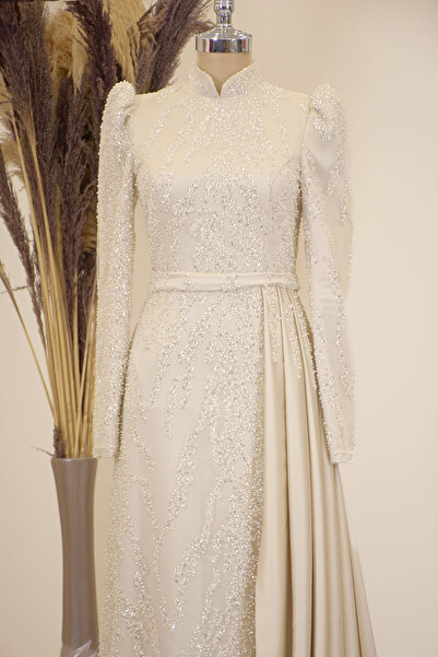 Surikka Κρεμ - Βραδινό φόρεμα Seçil με εκκρεμές φούστα και κέντημα με χάντρες