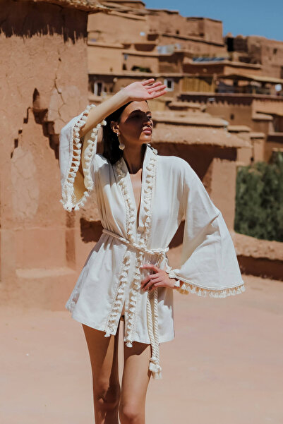 JessyWell LOUBNA Püsküllü Kimono - Ekru