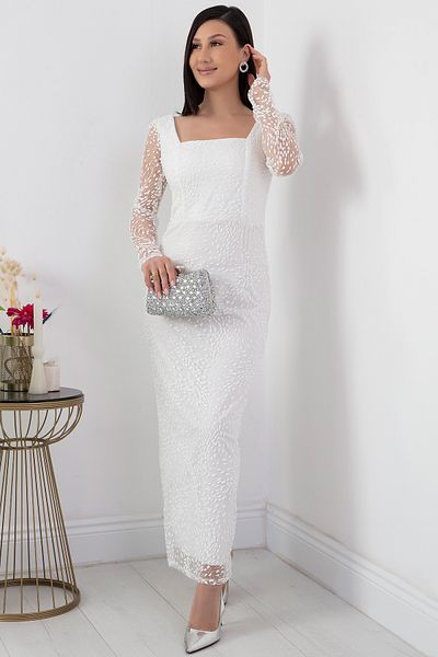 PULLIMM Rochie de seară cu mânecă lungă, guler pătrat, argintiu - 39860