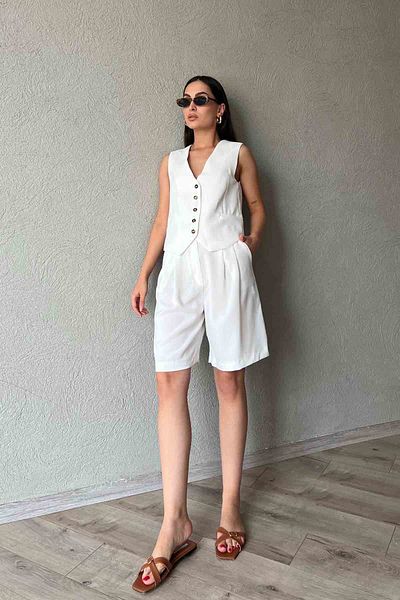 Seda Yalçın Atelier Crepe Vest and Bermuda Shorts Set - White