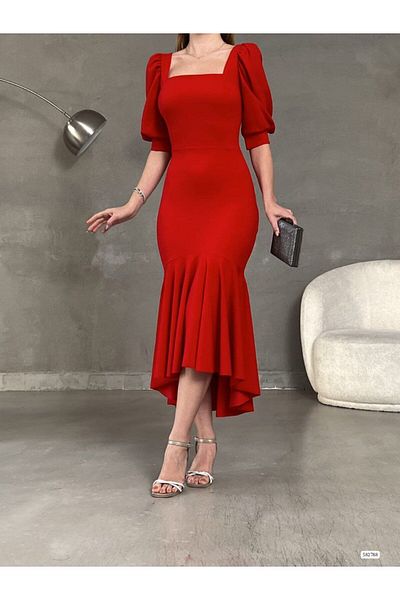 Masspera Square Collar Skirt Ruffle Detail Midi Length Evening Dress
