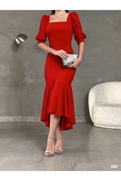 Masspera Square Collar Skirt Ruffle Detail Midi Length Evening Dress