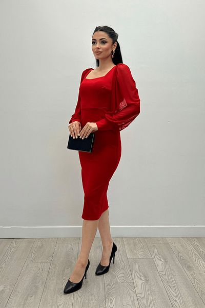 giyimmasalı Crepe Fabric Square Collar Pencil Dress - Red