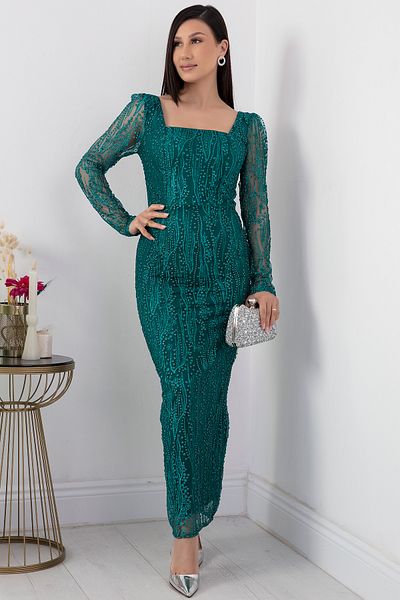 PULLIMM Rochie de seară cu mânecă lungă, guler pătrat, argintiu - 39860