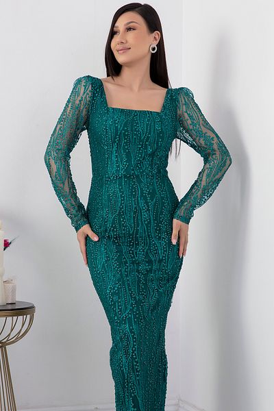 PULLIMM Rochie de seară cu mânecă lungă, guler pătrat, argintiu - 39860