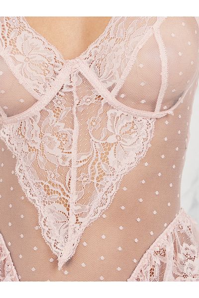 Styli Spot Lace Mesh Underwired Bodysuit with Ruffle Trim Detail