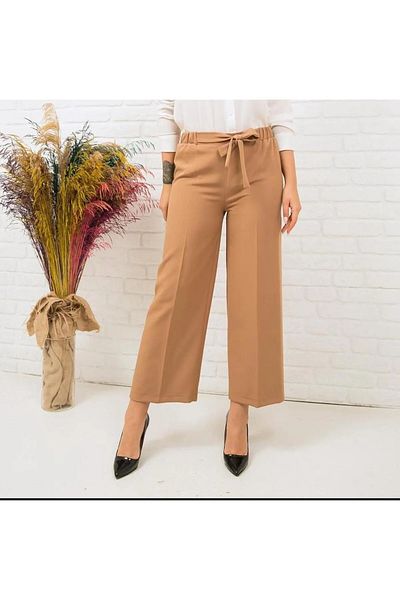 MEMETTİ Women's Belted Elastic Waist Wide Leg Fabric Trousers