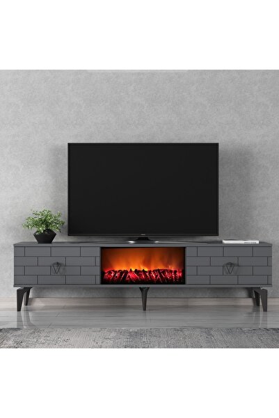 zerkaconcept Volcanos Şömineli Tv Sehpası Tv Ünitesi Antrasit