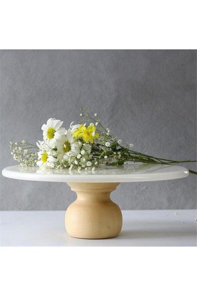 Akayev Marble 25 Cm White Round Presentation Plate with Wooden Legs