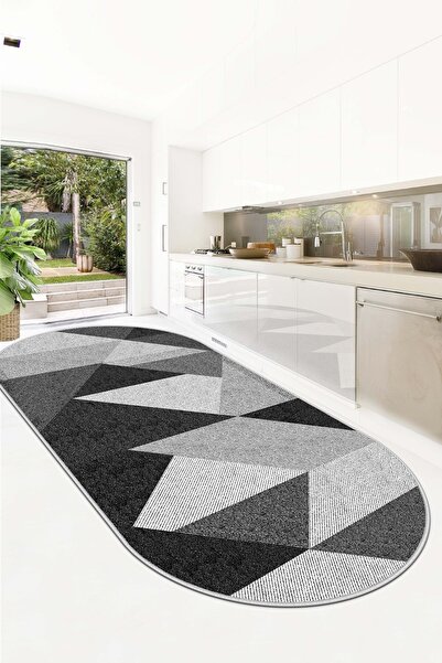 Lavita Home Dijital Baskı Yıkanabilir Kaymaz Siyah Oval Salon Halısı Mutfak H...