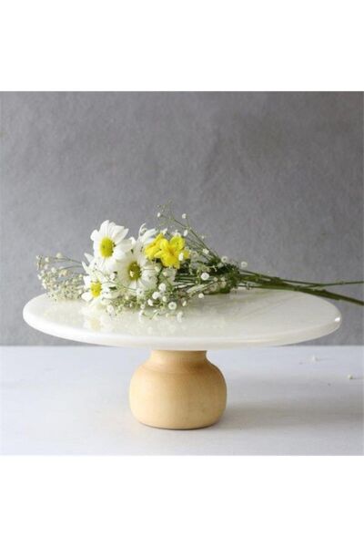 Akayev Marble 25 Cm White Round Presentation Plate with Wooden Legs