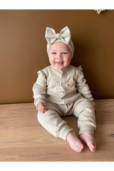 Minizade Camisole 100% Cotton Long Sleeve Seasonal Baby Girl Jumpsuit + Bandana