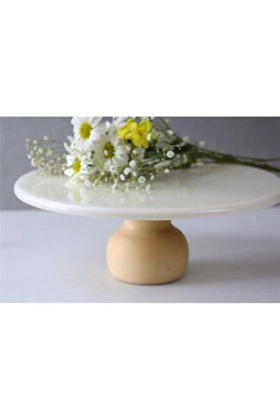 Akayev Marble 25 Cm White Round Presentation Plate with Wooden Legs