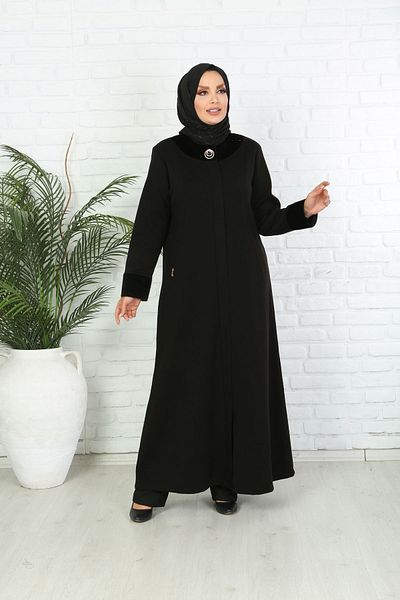 Tuğralı Tesettür Palton de sezon negru Winter Ferace cu detaliu de blană