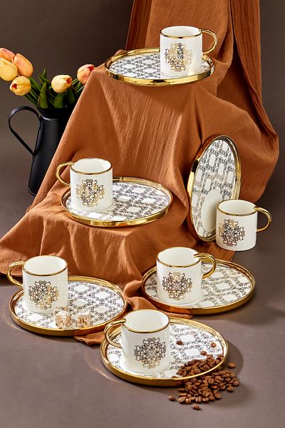 Vadi Carmen 6 Person - Authentic Patterned Coffee Cup Set with Porcelain Gold Detail