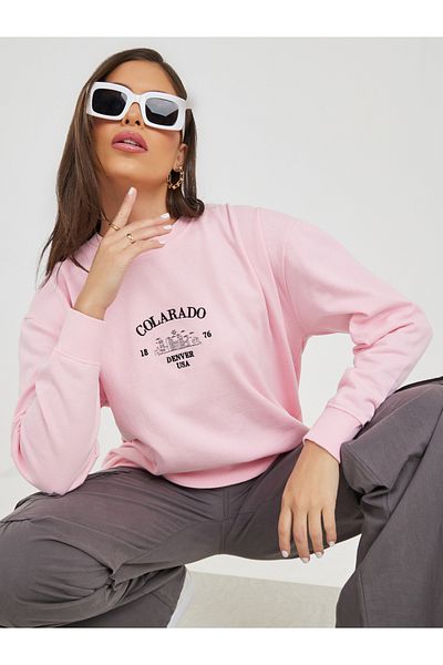 Styli Regular Fit Longline Embroidered Slogan Sweatshirt