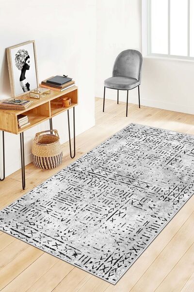 Lavita Home Dijital Baskı Yıkanabilir Kaymaz Gri Salon Halısı Mutfak Halısı Y...