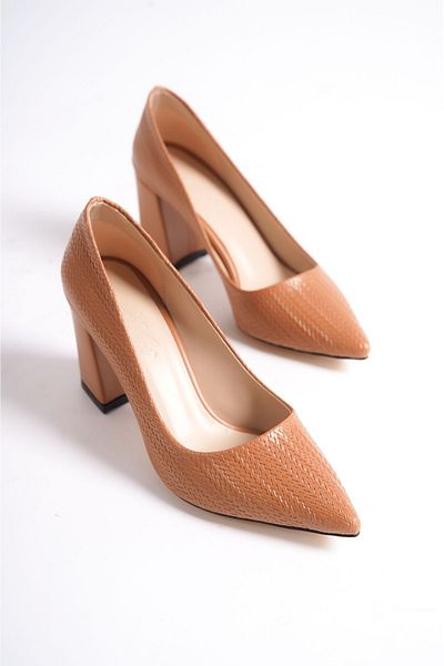 Shoesers Дамски текстурирани, принтирани, кожени, с остър връх, дебел ток, класически ежедневни обувки на стилет