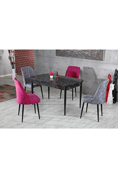 MYMASSA Trend Bendir Masa - 4 Vento Sandalye - Metal Siyah Ayak - Masa Takımı...