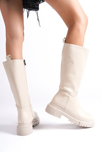 DS AYAKKABI Women's Zippered Below the Knee Thick Soled Nude Colored Boots