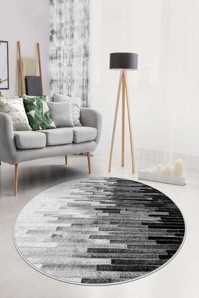 Lavita Home Dijital Baskı Yıkanabili Kaymaz Gri Yuvarlak Salon Halısı Mutfak ...