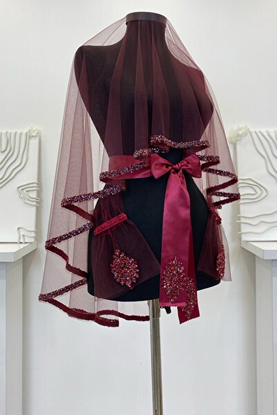 ZEYMERADE Bordo Gelin Duvak Seti, Cam Boncuk ve Pul Baskılı Kına Duvağı Seti ...