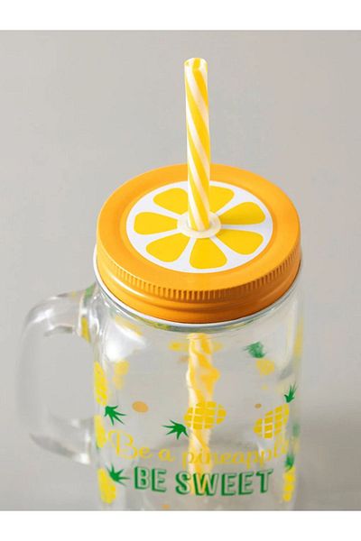 LC Waikiki Pineapple Printed Yellow Lid Glass Cup with Straw