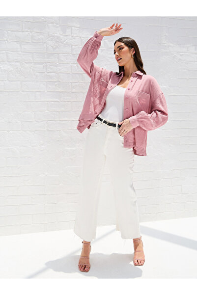 Styli Drop Shoulder Crepe Oversized Shirt with Patch Pocket