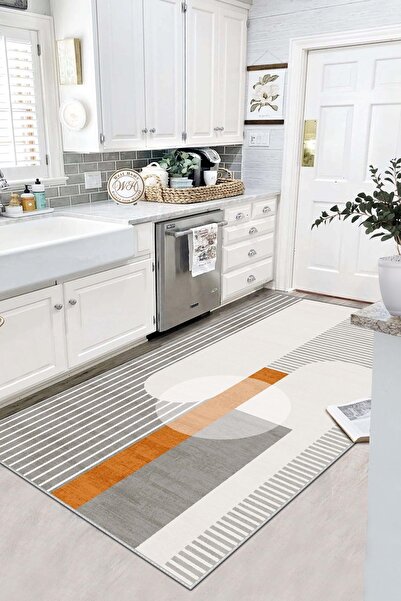 Lavita Home Makinede Yıkanabilir Kaymaz Taban Leke Tutmaz Gri Çizgili Salon H...
