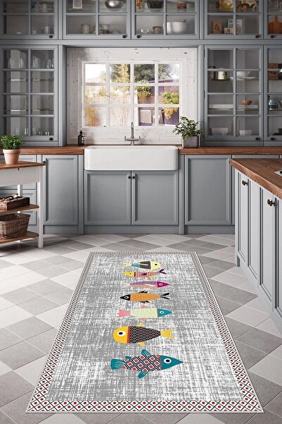 Lavita Home Dijital Baskı Yıkanabilir Kaymaz Leke Tutmaz Gri Mutfak Halısı Yo...
