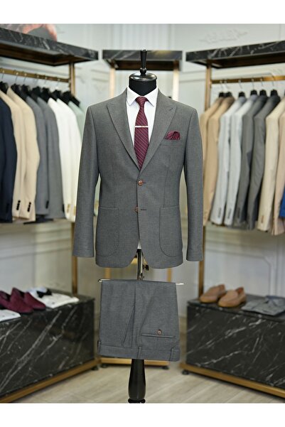 LONATOLİA Erkek Takım Elbise Premium Yarım Astarlı Punto Dikişli Torba Cepli Slim Fit Italyan Stil-füme