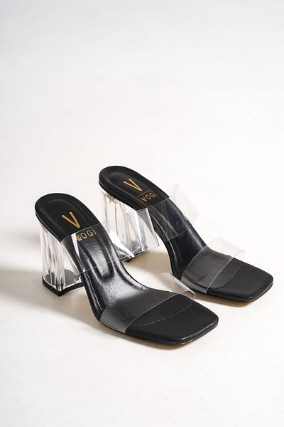 Shoesers Γυναικείες μπεζ διπλές ριγέ και διάφανες παντόφλες με μεσαίο τακούνι με λεπτομέρεια