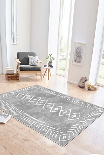 Lavita Home Dijital Baskı Yıkanabilir Kaymaz Gri Salon Halısı Mutfak Halısı Y...
