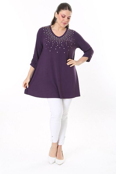 Şans Women's Plus Size Plum Stone Detailed Capri Sleeve Tunic 65N37696