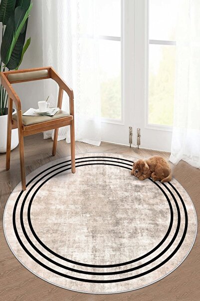 Confidence Home Makinede Yıkanabilir Kaymaz Taban Leke Tutmaz Bej Yuvarlak Mu...