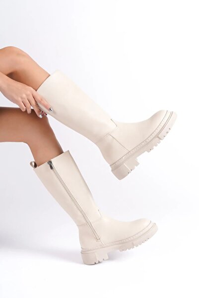 DS AYAKKABI Women's Zippered Below the Knee Thick Soled Nude Colored Boots