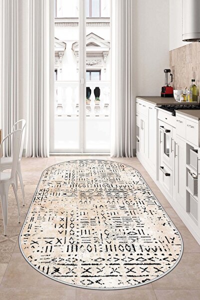 Lavita Home Dijital Baskı Yıkanabilir Kaymaz Bej Oval Salon Halısı Mutfak Hal...