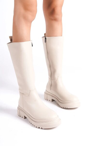 DS AYAKKABI Women's Zippered Below the Knee Thick Soled Nude Colored Boots