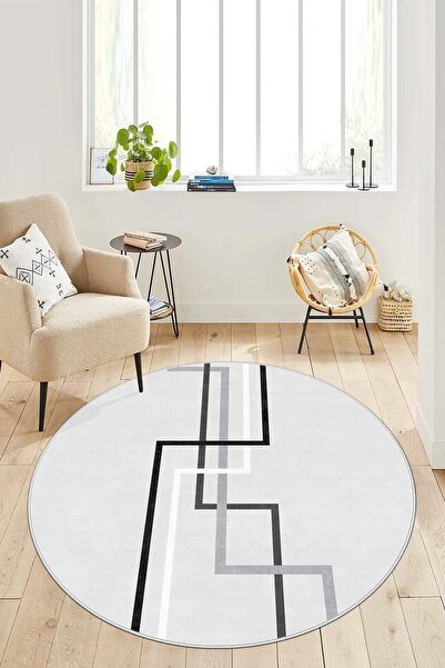 Lavita Home Dijital Baskı Yıkanabili Kaymaz Gri Yuvarlak Salon Halısı Mutfak ...
