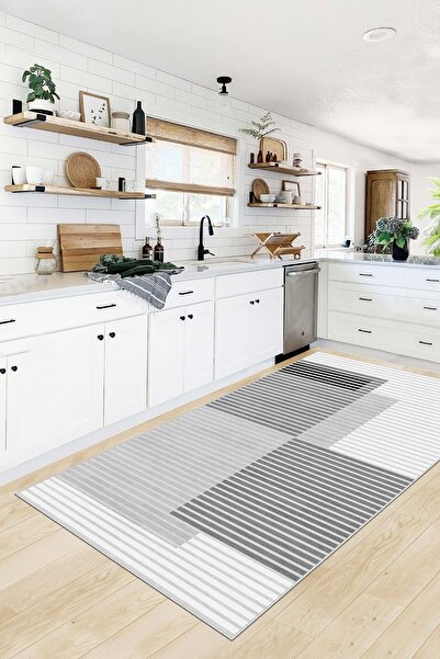 Confidence Home Makinede Yıkanabilir Kaymaz Taban Leke Tutmaz Gri Çizgili Sal...